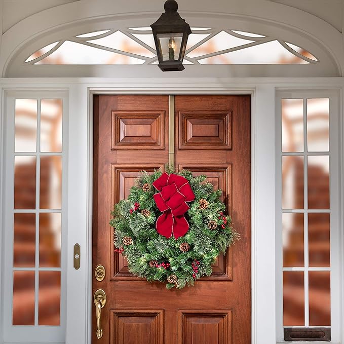 Haute Decor Adapt Adjustable Length Wreath Hanger 2-Pack (Antique Brass) - Two Front or Back Door Decor Holders, Extends from 16.5" to 25", Over Door Hanger with Pads on The Back, Holds up to 10 lbs.