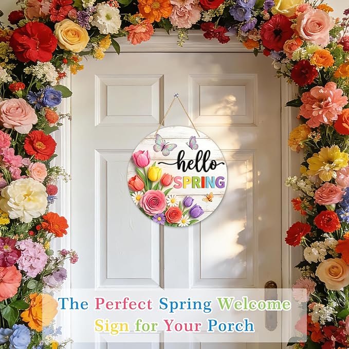 PETCEE Hello Spring Door Sign - 11.5" Welcome Spring Decor Front Door Signs with Floral Print Farmhouse Porch Sign for Home Wall Hanging Wreath Butterfly Bee Easter Indoor Outdoor Decorations