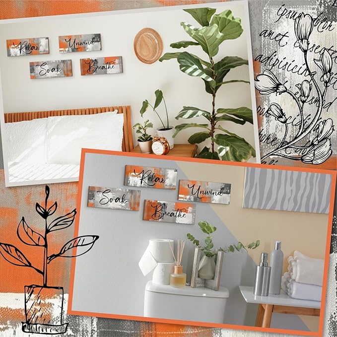 Maitys 4 Pcs Orange Bathroom Wall Decor 10 x 4 Inch Bathroom Wall Art Contemporary Wood Restroom Pictures for Soak Unwind Relax Hanging Sign Spa Rustic Vintage Farmhouse Pediments
