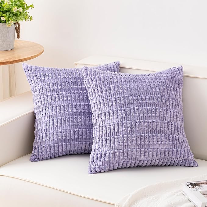 Aegero Pack of 2 Corduroy Decorative Throw Pillow Covers 18x18 Inch Soft Striped Pillow Covers Modern Farmhouse Home Decor for Sofa Living Room Couch Bed（Purple）