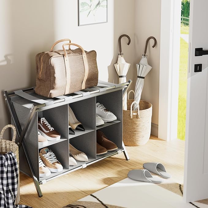 Luggage Rack for Guest Room, Folding Suitcase Stand with 6-Cube Fabric Storage Shelf, Luggage Holder, Steel Foldable Luggage Stand for Guest Room, Bedroom, Hotel, Grey
