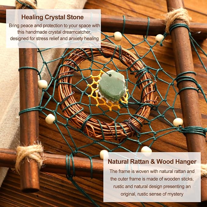 Dream Catcher Native American Boho Dreamcatcher Rattan Wood Wall Decor, Handmade Natural Dream Catchers with Healing Crystal Stone Feathers Ornament Indian Decor for Bedroom Living Room
