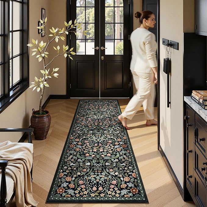 Moynesa Floral Kitchen Runner Rug, 2x6 Runners for Hallways 6ft Non Slip Washable Soft Rug Runners, Boho Botanical Ultra Thin Stain Resistant Carpet Runner for Bathroom Entryway, Black