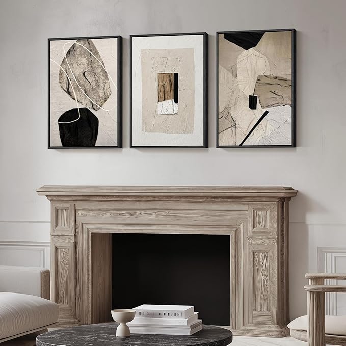 Framed Neutral Abstract Wall Art, Set of 3 Modern Canvas Prints Paintings Artwork for Walls, Minimalist Black and Beige Pictures for Living Room Hallway Stair Bedroom Office Wall Decor 16x24 Inch