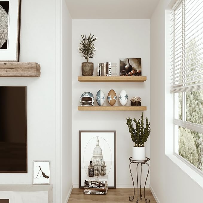 Vivelove Floating Shelves 24 inchs Long, Bathroom Shelves Over Toilet 9.1” Deep, Wall Mounted Wall Shelves for Bedroom, Living Room, Kitchen, Office, Rustic Home Decor, Oak, Set of 2