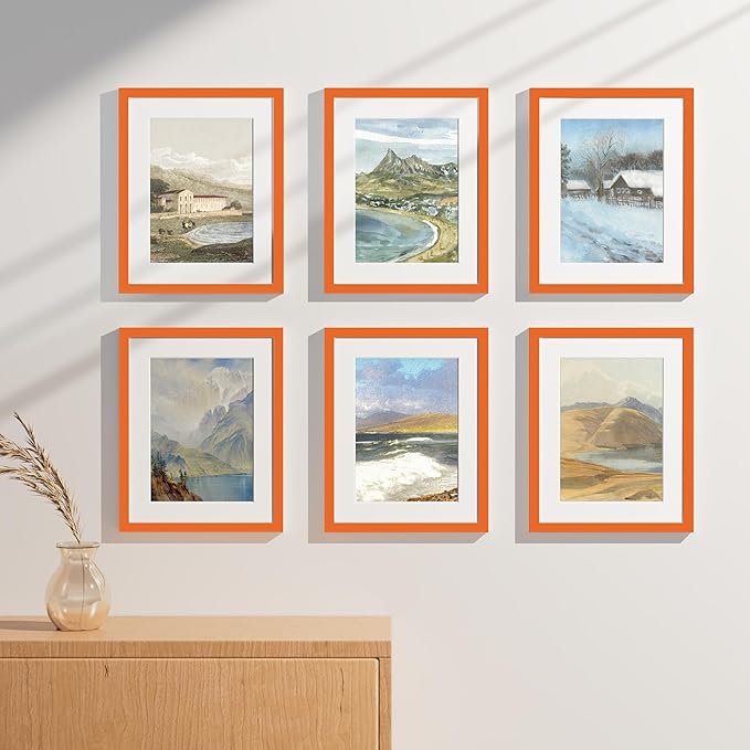 Vittanly 11x14 Picture Frames Set of 9, Shatter Resistant Plexiglass, Display 8x10 Pictures with Mat or 11x14 without Mat, Photo Frames for Wall or Tabletop, Engineered Wood, Orange