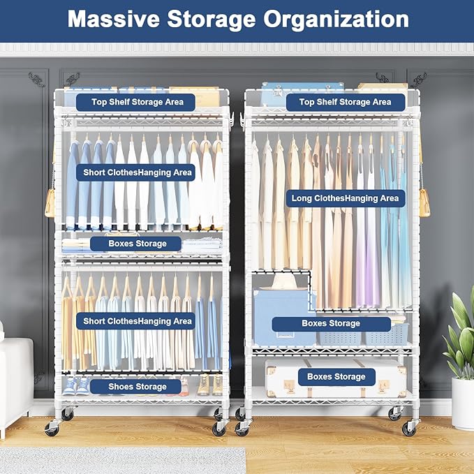 P8C Heavy Duty Clothes Rack（With Extended Width Design） Rolling Clothing Racks for Hanging Clothes with Lockable Wheels，31.5" W x 15.8" D x 80.5" H，Max Load 600LBS，White Rack with White Cover