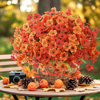 MACTING 24 Bundles Artificial Fall Flowers for Outdoors Faux Mums Outdoor Plants UV Resistant Fake Silk Flowers for Planters Patio Garden Porch Indoor Outside Autumn Thanksgiving Decor,Orange & Red