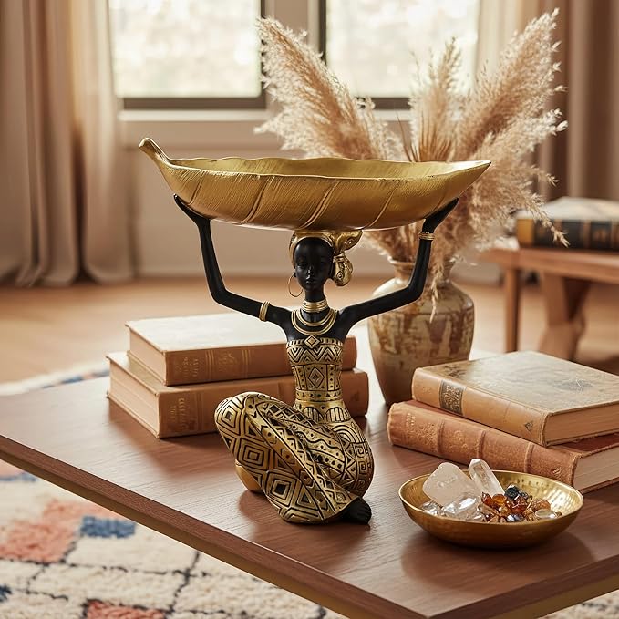 Lescafita African Woman Sculpture with Gold Leaf Bowl, Handmade Resin Figurine, Exotic Tribal Art Statue for Living Room, Dining Table, or Entryway Decoration