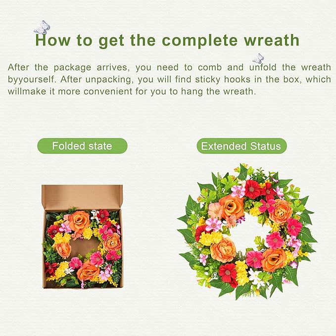 zjlmit 20 Inch Spring Wreath for Front Door, Artificial Silk Flower Wreath on Grapevine Base with Orange Rose-Style Blooms, Multicolor Floral Accents and Greenery, Indoor Wall Entryway Decor