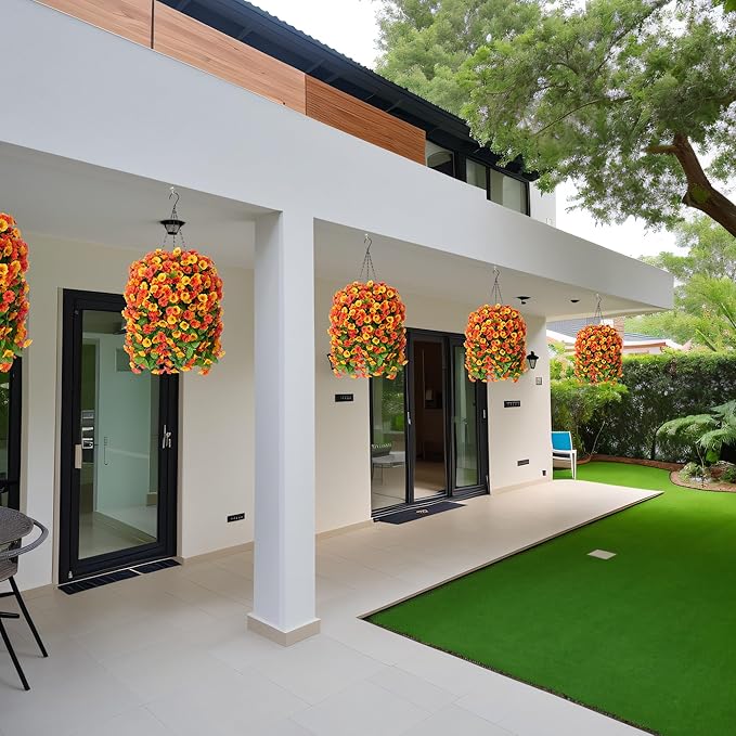 Artificial Flowers with Hanging Basket, Outdoor Faux Plants Silk Morning Glory Vines, Fake Green Arrangement for Garden Patio Spring Summer Decor(Orange)