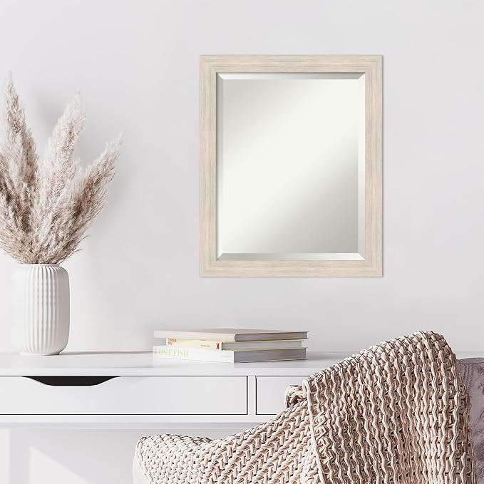 Amanti Art White Wall Mirror 23x19 Hardwood White Wash Narrow Rectangle Bathroom Mirror for Wall Decor Living Room, Small Country Rustic Wood Frame, Hangs Horizonally and Vertically, Bathroom Decor,