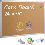 Cork Board Bulletin Board 24 x 36, Silver Aluminium Framed 2x3 Corkboard, Office Board for Wall Cork, Large Wall Mounted Notice Pin Board
