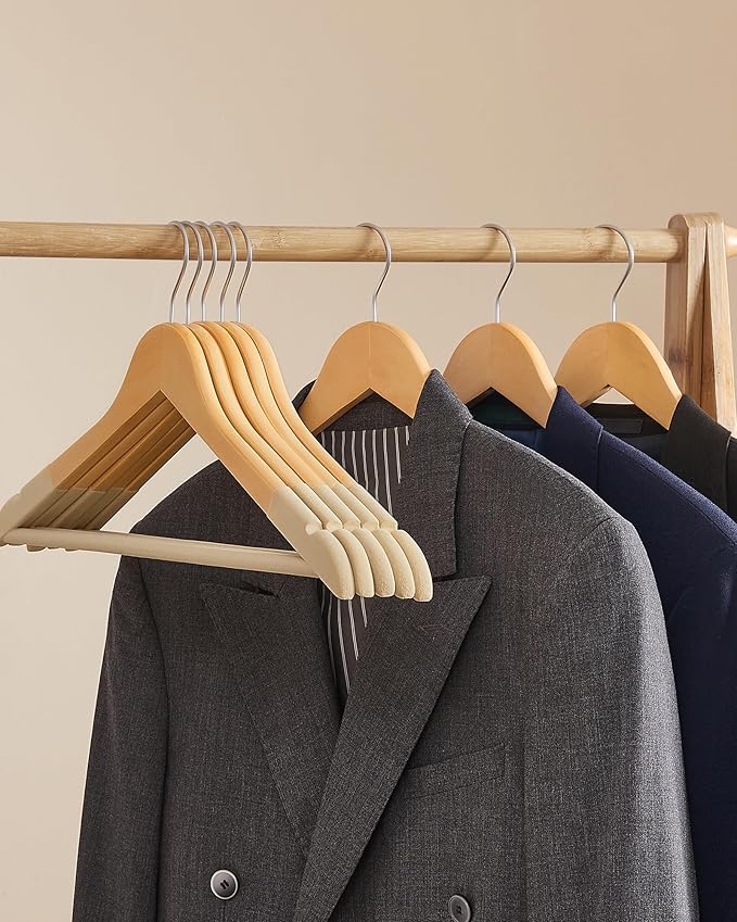 SONGMICS Velvet Wooden Hangers, Set of 20 Wooden Hangers with Velvet Surface, Non-Slip Coat Hangers with Shoulder Grooves, Pants Bar, 360° Swivel Hook, for Jackets Shirts, Natural UCRW012N02