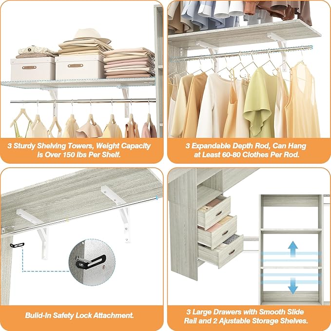 8FT Closet System, 96'' Closet Organizer System with 3 Hanging Rods, Wall Mount Bedroom Wardrobe with 3 Drawers Walk-in Closet, Adjustable Garment Rack from 5 to 8FT(Cut to Fit), White Oak