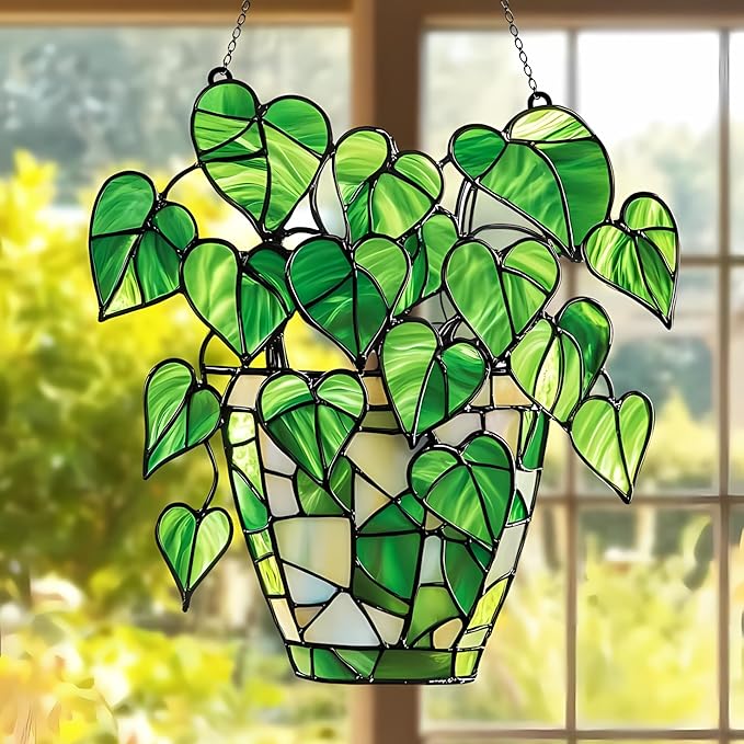 Pothos Monstera Plants Acrylic Suncatcher, Boho Suncatchers for Window Hangings, Stained Glass Effect Indoor Outdoor Garden Decor for Nature Lover, Gifts for Mother's Day, Mom, Grandma, Wife, Women