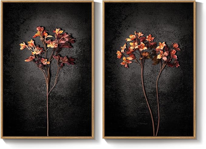 Framed Vintage Botanical Wall Art for Living Room, Set of 2 Piece Black Neutral Moody Floral Canvas Prints, Minimalist Modern Farmhouse Flower Wall Decor for Bedroom Office Dining Room, 16x24 Inch