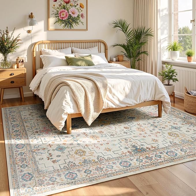 Lessymo Washable 9x12 Area Rug for Living Room, Large Rugs for Bedroom Dining Nursery Room, Soft Non-Slip Vintage Floral Oushak Carpet, Boho Colorful Pastel Farmhouse Decor, Multi/Ivory