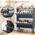 Shoe Cabinet with 2 Flip Drawers, Farmhouse Hidden Shoe Storage Cabinets, Narrow Wooden Shoes Organizer for Entryway, Slim Freestanding Shoe Rack Cabinet for Front Door Entrance, Blue
