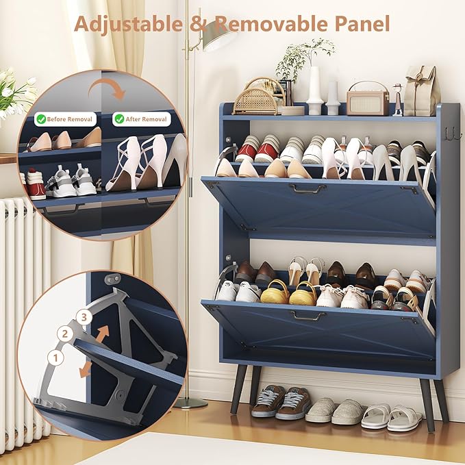 Shoe Cabinet with 2 Flip Drawers, Farmhouse Hidden Shoe Storage Cabinets, Narrow Wooden Shoes Organizer for Entryway, Slim Freestanding Shoe Rack Cabinet for Front Door Entrance, Blue