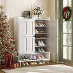 White 7+1 Tier Farmhouse Shoe Storage Cabinet - 45" Tall Entryway Organizer with Cross Molding Doors, 3 Adjustable Shelves & Metal Legs, Shoe Rack for Front Door Entrance