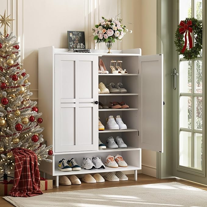 White 7+1 Tier Farmhouse Shoe Storage Cabinet - 45" Tall Entryway Organizer with Cross Molding Doors, 3 Adjustable Shelves & Metal Legs, Shoe Rack for Front Door Entrance