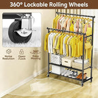 Clothes Rack with Double Rod for Hanging, Heavy Duty Clothing Rack Load 350 LBS with Lockable Wheel, Free Standing Garment Rack with 2 Shelves and Side Hooks for Home Commercial (Dark Grey)