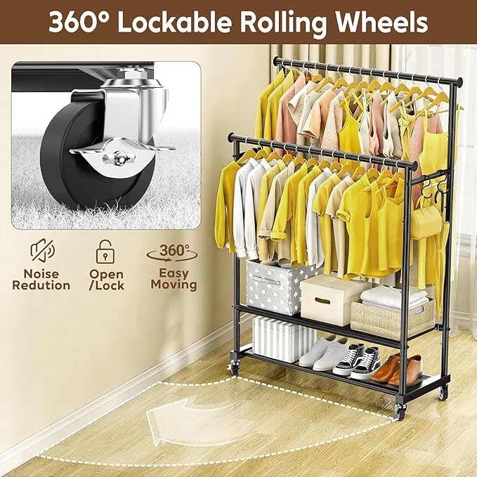 Clothes Rack with Double Rod for Hanging, Heavy Duty Clothing Rack Load 350 LBS with Lockable Wheel, Free Standing Garment Rack with 2 Shelves and Side Hooks for Home Commercial (Dark Grey)