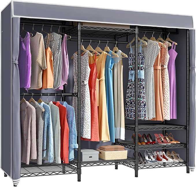 VIPEK V5C Portable Clothes Closet Wardrobe Bedroom Armoires Heavy Duty Covered Clothes Rack, Black Metal Clothing Rack with Grey Oxford Fabric Cover, Adjustable Custom Closet Rack 68.9"Lx15.7"Wx76.4"H