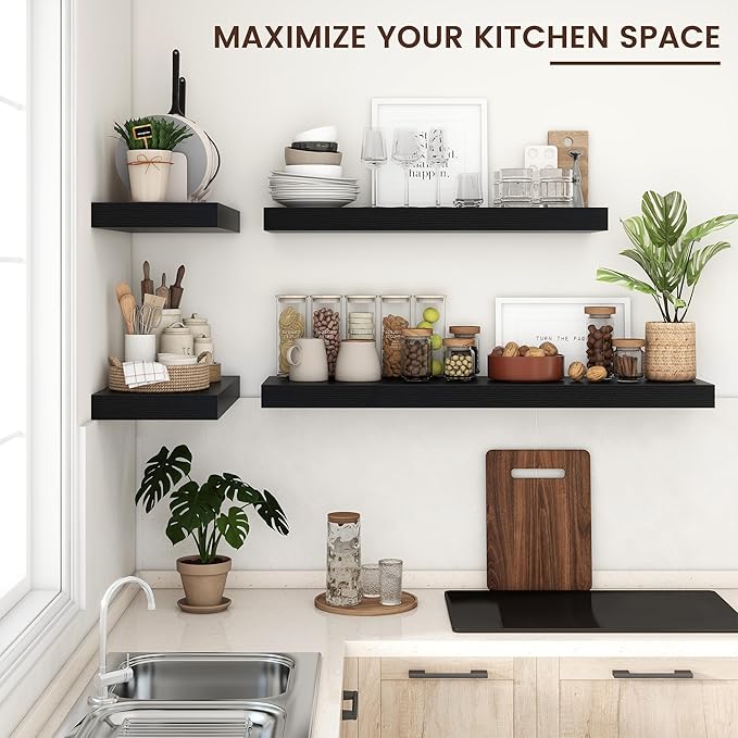 Venusmiles Floating Shelves for Wall, 48" W x 12" D x 2" H, 2 Pack of Long Wall Mounted Engineered Wood Shelves with Invisible Brackets for Living Room, Bedroom, Bathroom, Kitchen Decor, Black