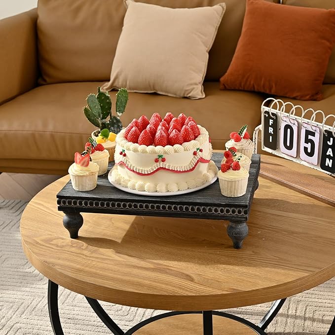 SwallowLiving Farmhouse Wood Riser for Display Decorative, Rustic Shabby Chic Tray for Kitchen Counter, Coffee Bar Table, Dining Room, Wooden Rectangle Beaded Pedestal Stand for Food, Black