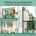 Double Rods Clothes Rack with Wheels Load 400 LBS, 45 Inch Rolling Clothing Rack for Hanging Clothes, Heavy Duty Garment Rack with Shelves, Metal Portable Closet, Black