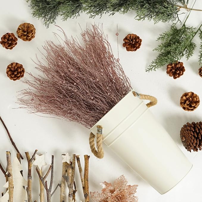 SLK 16-Pack Artificial Glitter Berry Stem Ornaments, Christmas Decorative Glittery Twigs, Picks, Branches for Tree, Wreath, Small Vase, Halloween Party (Rose Gold)