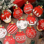 12Pcs Red and White Christmas Ball Design Hanging Wooden Ornaments Set - Festive Winter Holiday Tree Decorations with Merry Christmas Snowflakes, Reindeer, Santa Designs