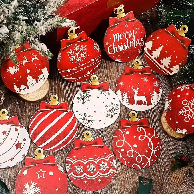 12Pcs Red and White Christmas Ball Design Hanging Wooden Ornaments Set - Festive Winter Holiday Tree Decorations with Merry Christmas Snowflakes, Reindeer, Santa Designs
