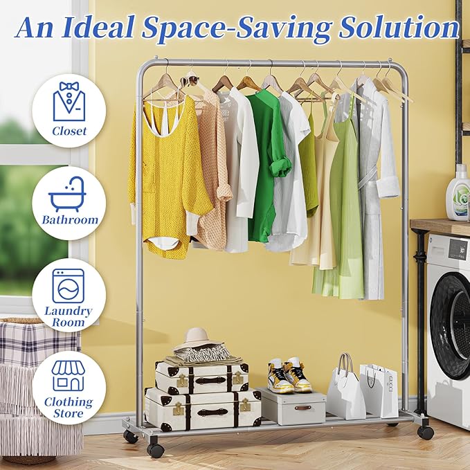 Simple Trending Standard Clothes Clothing Garment Rack with Storage Shelves, Rolling Clothes Organizer on Wheels for Hanging Clothes, Silver