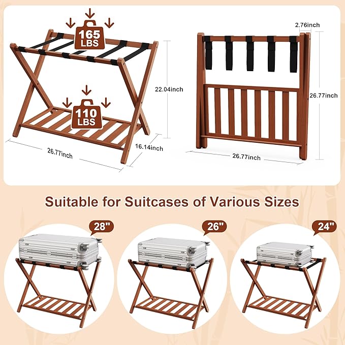 26.77"L Luggage Rack, Walnut Luggage Rack for Guest Room, Bamboo Folding Suitcase Stand with Storage Shelf, 5 Nylon Straps, Heavy Duty Luggage Holder for Bedroom Hotel, 1 Pack, Gift Box Packaging