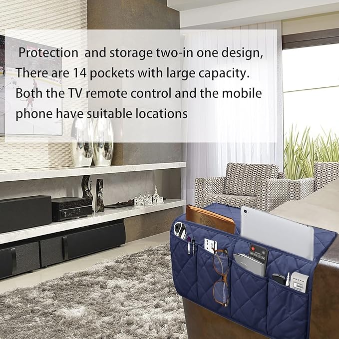Armchair Caddy,Non Slip Recliner Organizer,Waterproof Sofa Armrest Organizer, Remote Control Holder for Recliner.Chair Arm Organizer with 14 Pockets for TV Remote, Phone, Magazine