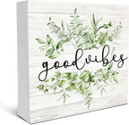 SRADMO Inspirational Botanical Eucalyptus Leaves Wood Box Sign Desk Decor, Green Rustic Eucalyptus Leaves Wooden Block Box Sign Decor for Home Office Shelf Table Decorative Accessories