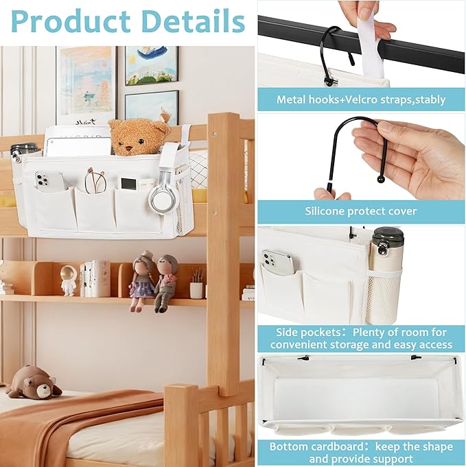 Loghot Bedside Caddy/Bedside Storage Bag Hanging Organizer for Bunk and Hospital Beds,Dorm Rooms Bed Rails,Can be Placed Glasses,Books,Mobile Phones,Keys (New White)