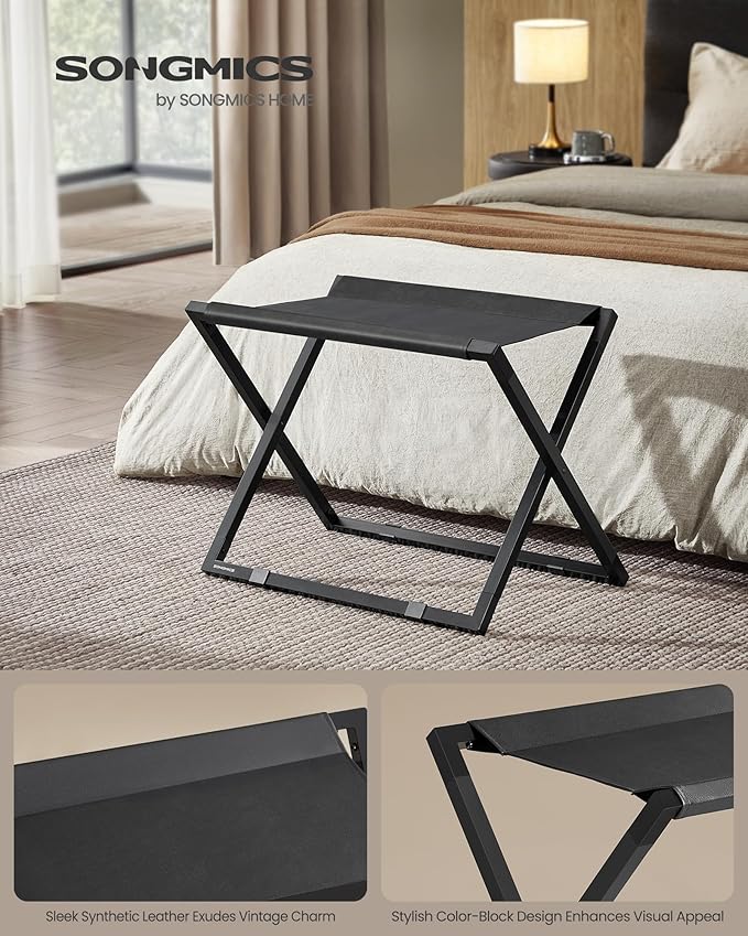 SONGMICS Luggage Rack, Foldable Suitcase Stand, Metal Luggage Holder, Synthetic Leather, Easy to Assemble, for Guest Room, Hotel, Bedroom, Ink Black and Charcoal Gray URLR009B01