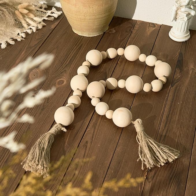 2" Extra Large Wood Bead Garland with Tassels, 50" Long Rustic Farmhouse Wooden Beads Garland, Decorative Beads Boho Decorations for Home Table Mantle Natural Beige