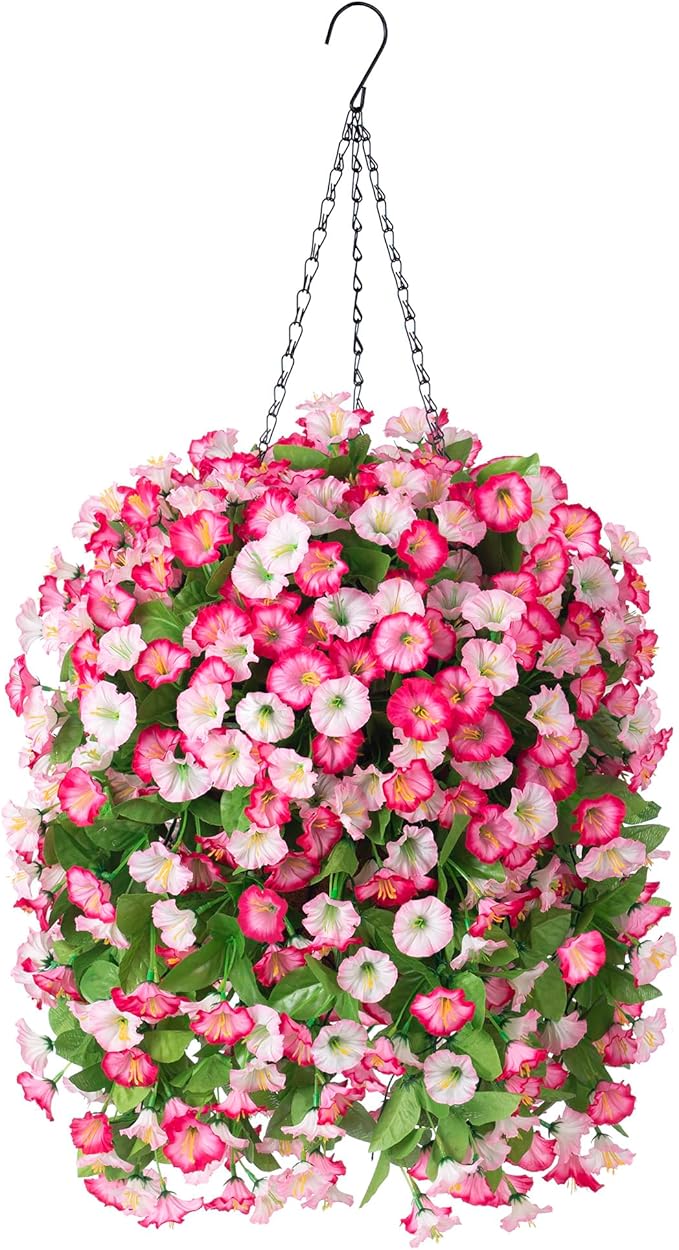 Artificial Flowers with Hanging Basket, Outdoor Faux Plants Silk Morning Glory Vines, Fake Green Arrangement for Garden Patio Spring Summer Decor (Pink)