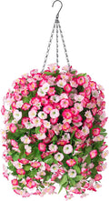 Artificial Flowers with Hanging Basket, Outdoor Faux Plants Silk Morning Glory Vines, Fake Green Arrangement for Garden Patio Spring Summer Decor (Pink)