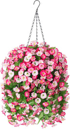 Artificial Flowers with Hanging Basket, Outdoor Faux Plants Silk Morning Glory Vines, Fake Green Arrangement for Garden Patio Spring Summer Decor (Pink)