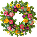 Spring Wreaths for Front Door 24 Inch Outdoor Spring Wreath with Peony Rose Ranunculus & Eucalyptus,Handmade Silk Summer Wreaths for Front Door,Spring Door Wreath for Porch Home Wall Window