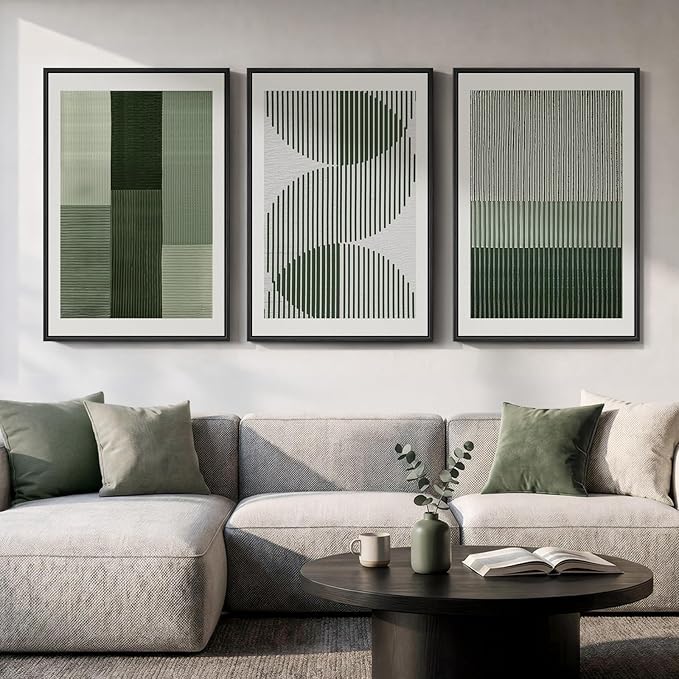 Large Framed Green Abstract Wall Art for Living Room, 3 Piece Modern Canvas Prints Paintings Artwork for Walls, Minimalist Sage Green Geometric Pictures Wall Decor for Hallway Dining Bedroom 24x36 In