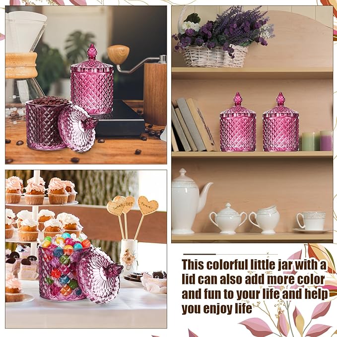 Aoriher 4 Pcs Crystal Glass Candy Jar Set with Lids Home Decorative Storage Jars for Apothecary, Bathroom, Kitchen, and Pantry, Ideal for Cotton Swabs and Jewelry(Medium,Purple)