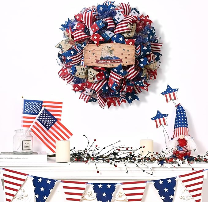 250th Anniversary Patriotic Wreath, 4th of July Wreaths for Front Door with Wooden Eagle Door Sign & Red White Blue Ribbon for Independence Day Memorial Day Patriotic Decorations(18In, 2Pcs)