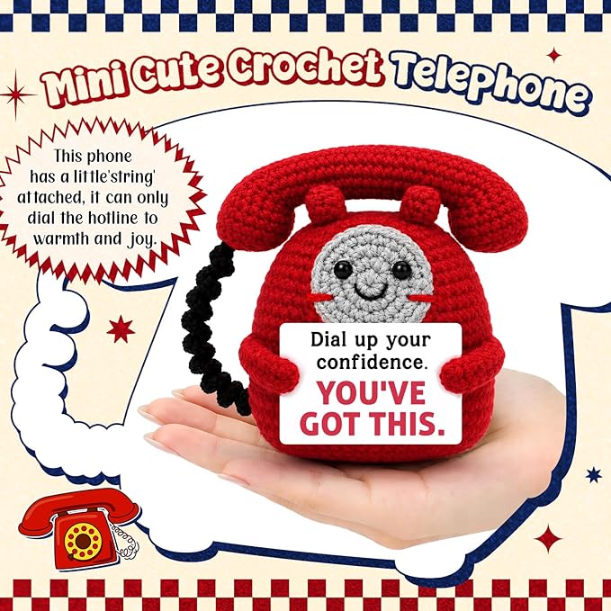 Belatelove Inspirational Gift for Women Men - Funny Handmade Crochet Telephone Doll with “ You've Got This” Encouragement Gifts for Graduation, Exam, New Job, Stress Relief, Cute Desk Decor